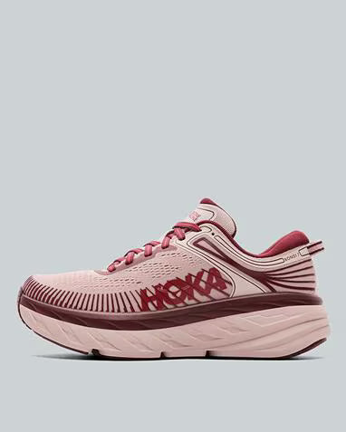 HOKA WOMENS BONDI 7 TRAINER PINK OPAL / VARSITY BURGUNDY