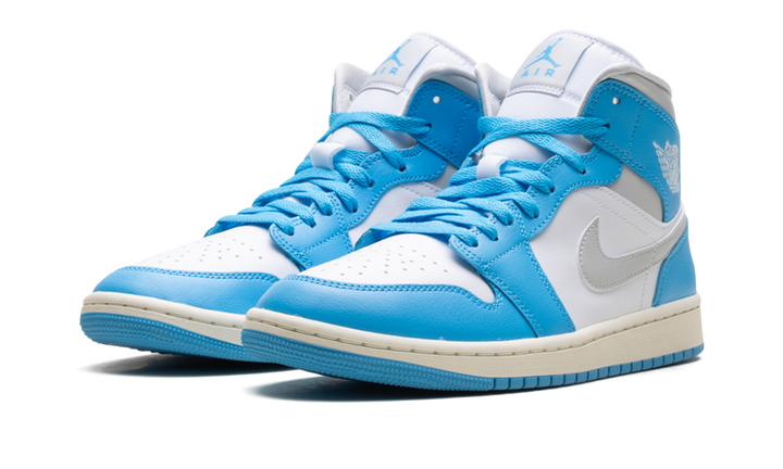 AIR JORDAN 1 MID DARK POWDER BLUE WHITE SAIL NEUTRAL GREY WOMENS
