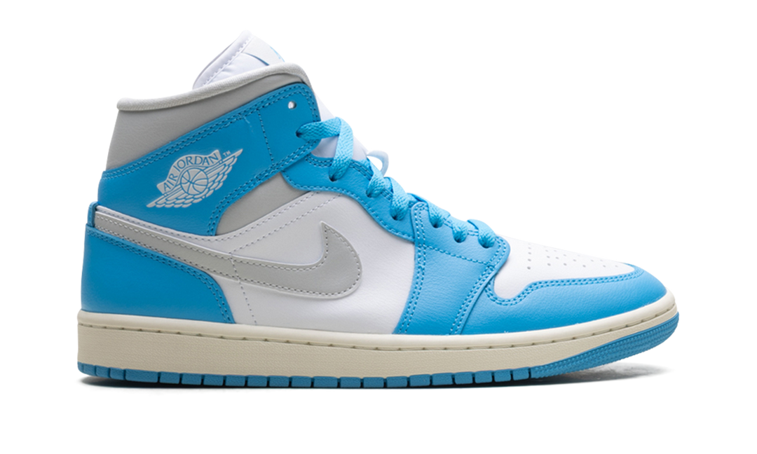 AIR JORDAN 1 MID DARK POWDER BLUE WHITE SAIL NEUTRAL GREY WOMENS