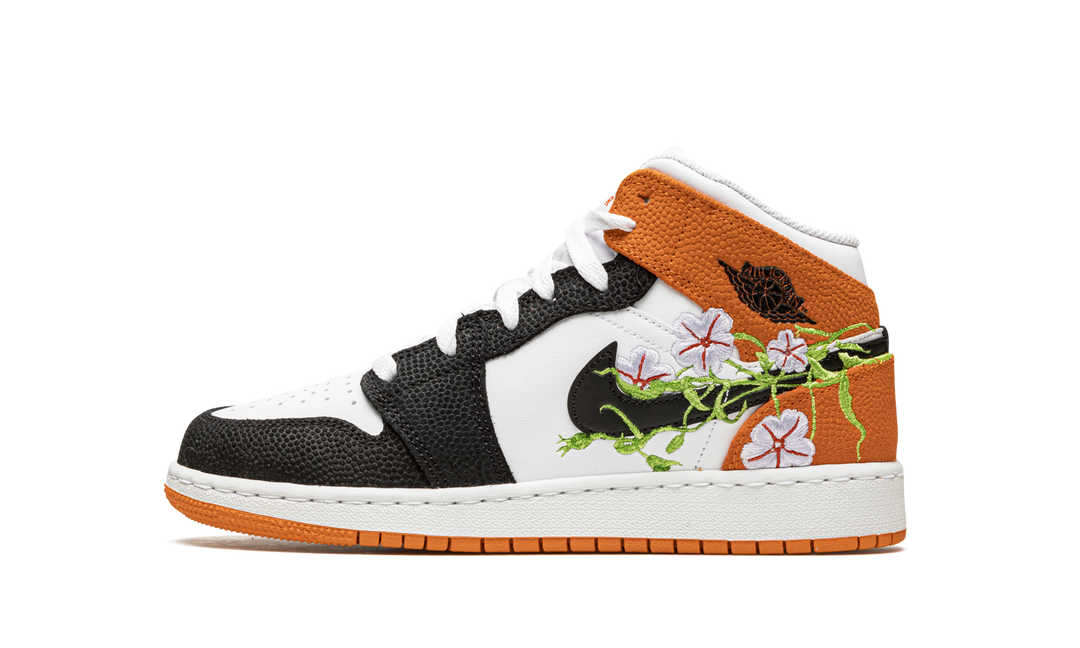 AIR JORDAN 1 MID FLORAL EMBROIDERY BLACK ORANGE GS