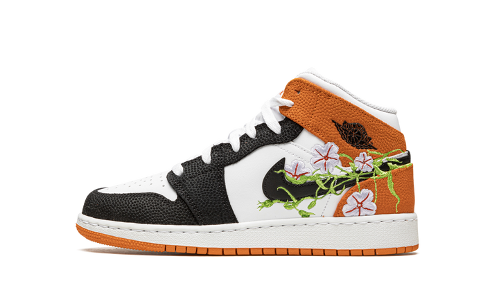 AIR JORDAN 1 MID FLORAL EMBROIDERY BLACK ORANGE GS