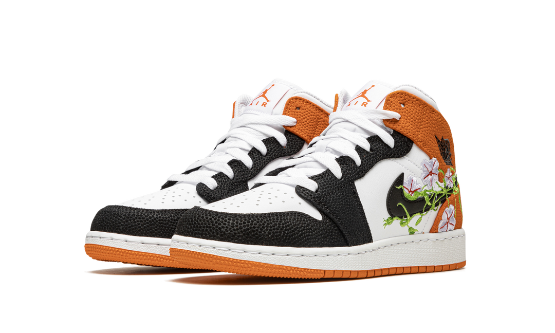 AIR JORDAN 1 MID FLORAL EMBROIDERY BLACK ORANGE GS