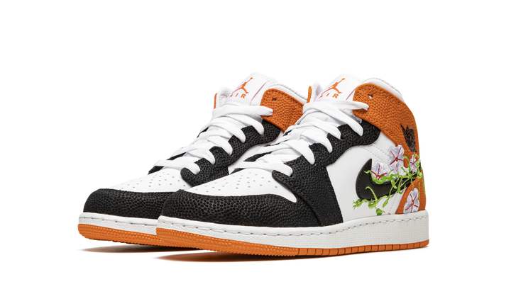 AIR JORDAN 1 MID FLORAL EMBROIDERY BLACK ORANGE GS
