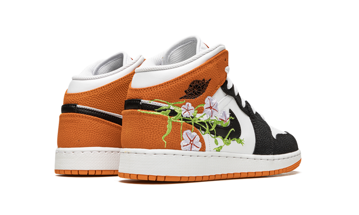 AIR JORDAN 1 MID FLORAL EMBROIDERY BLACK ORANGE GS