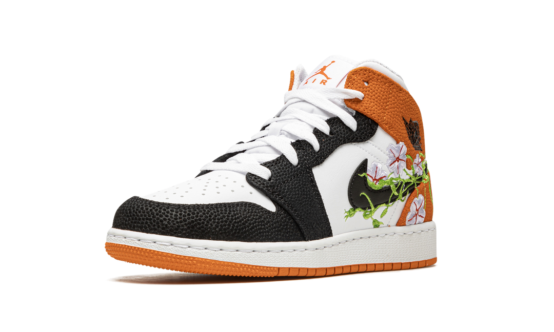 AIR JORDAN 1 MID FLORAL EMBROIDERY BLACK ORANGE GS