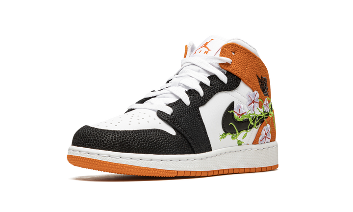 AIR JORDAN 1 MID FLORAL EMBROIDERY BLACK ORANGE GS