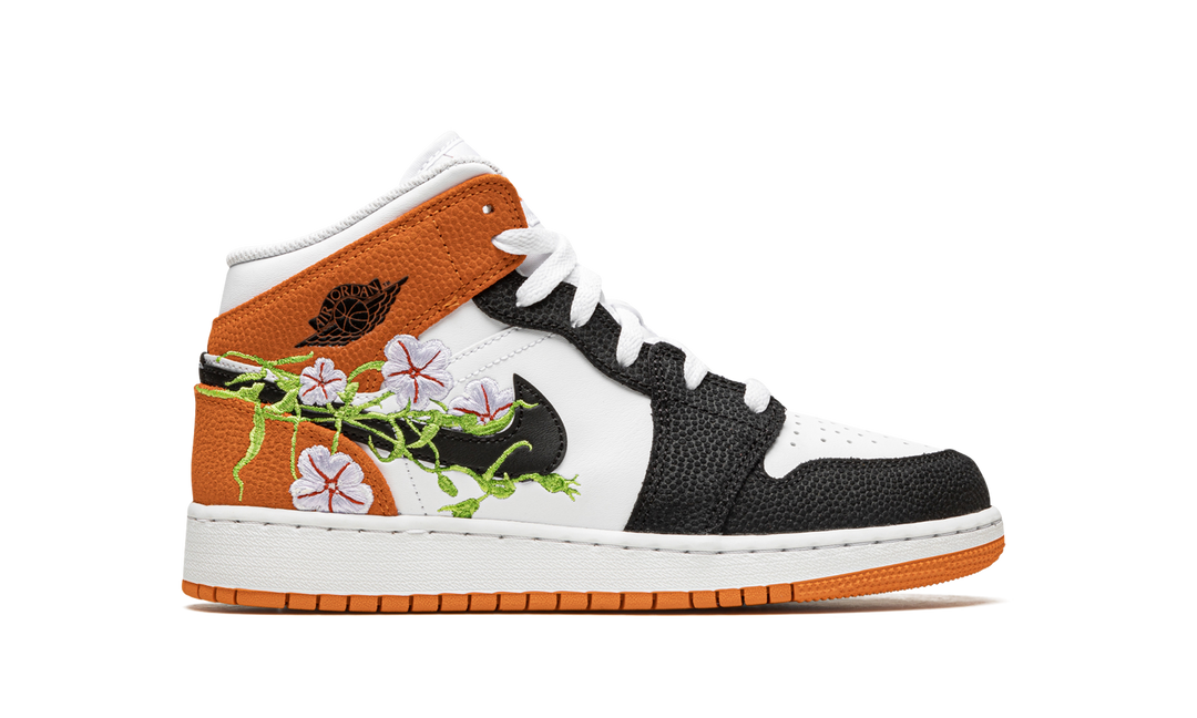 AIR JORDAN 1 MID FLORAL EMBROIDERY BLACK ORANGE GS