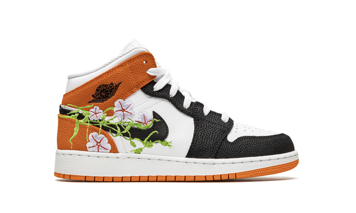 AIR JORDAN 1 MID FLORAL EMBROIDERY BLACK ORANGE GS