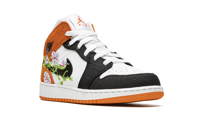 AIR JORDAN 1 MID FLORAL EMBROIDERY BLACK ORANGE GS