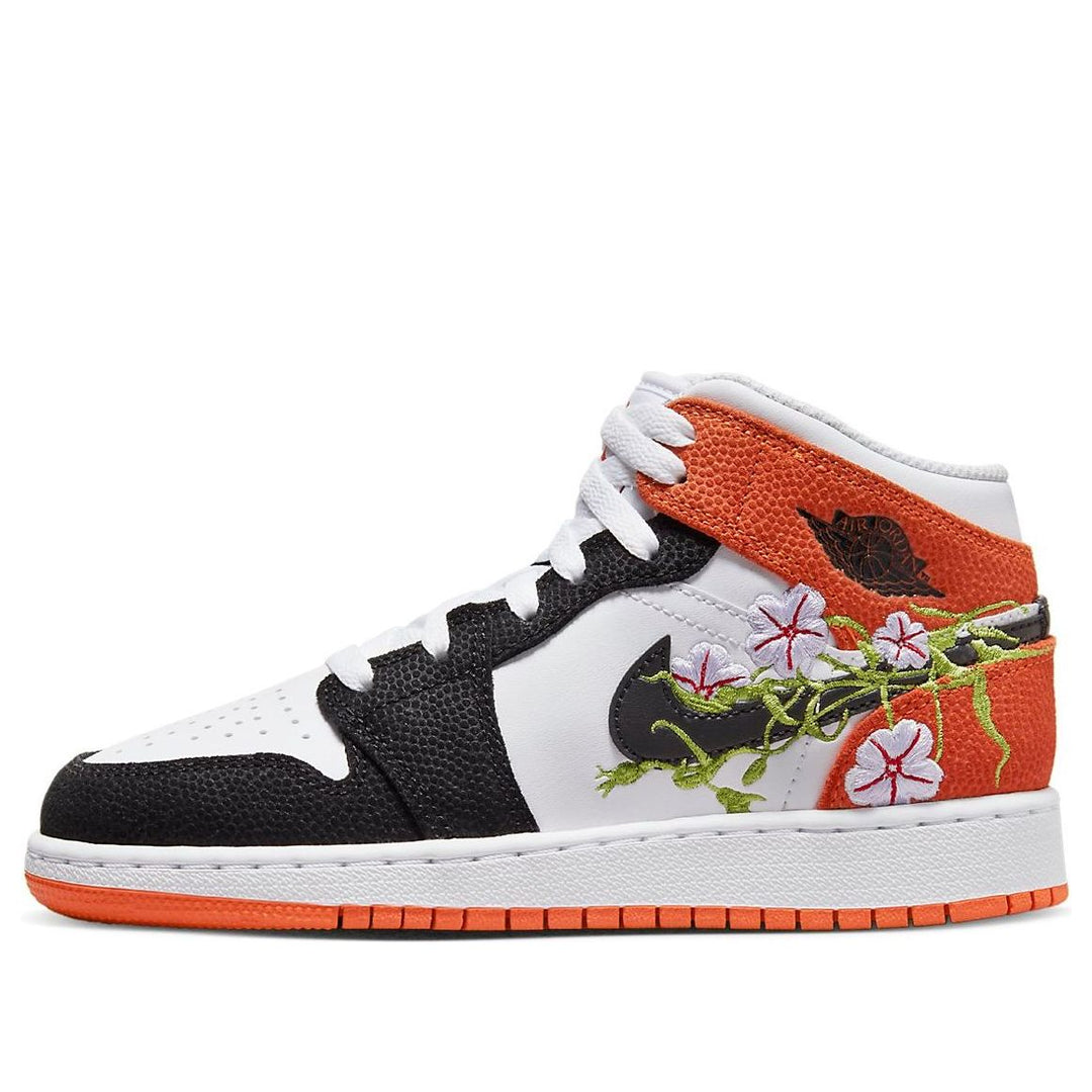 AIR JORDAN 1 MID FLORAL EMBROIDERY BLACK ORANGE GS