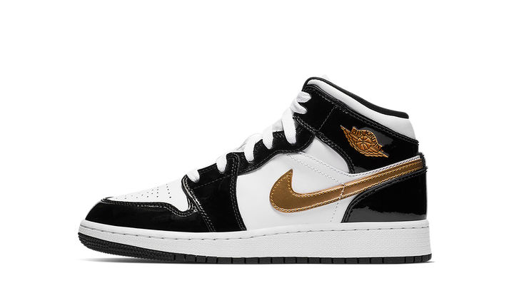 AIR JORDAN 1 MID PATENT BLACK WHITE GOLD GS