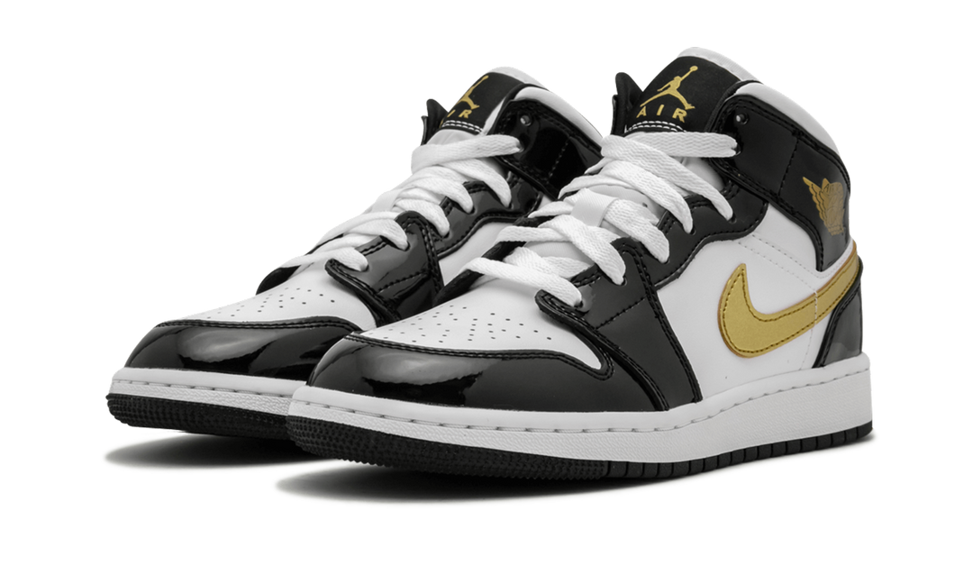 AIR JORDAN 1 MID PATENT BLACK WHITE GOLD GS