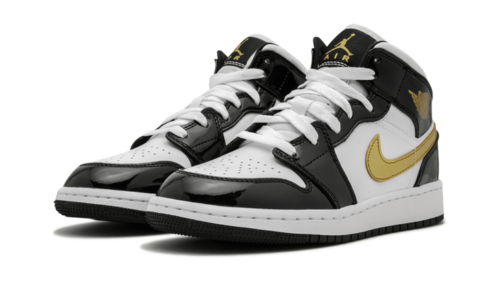 AIR JORDAN 1 MID PATENT BLACK WHITE GOLD GS