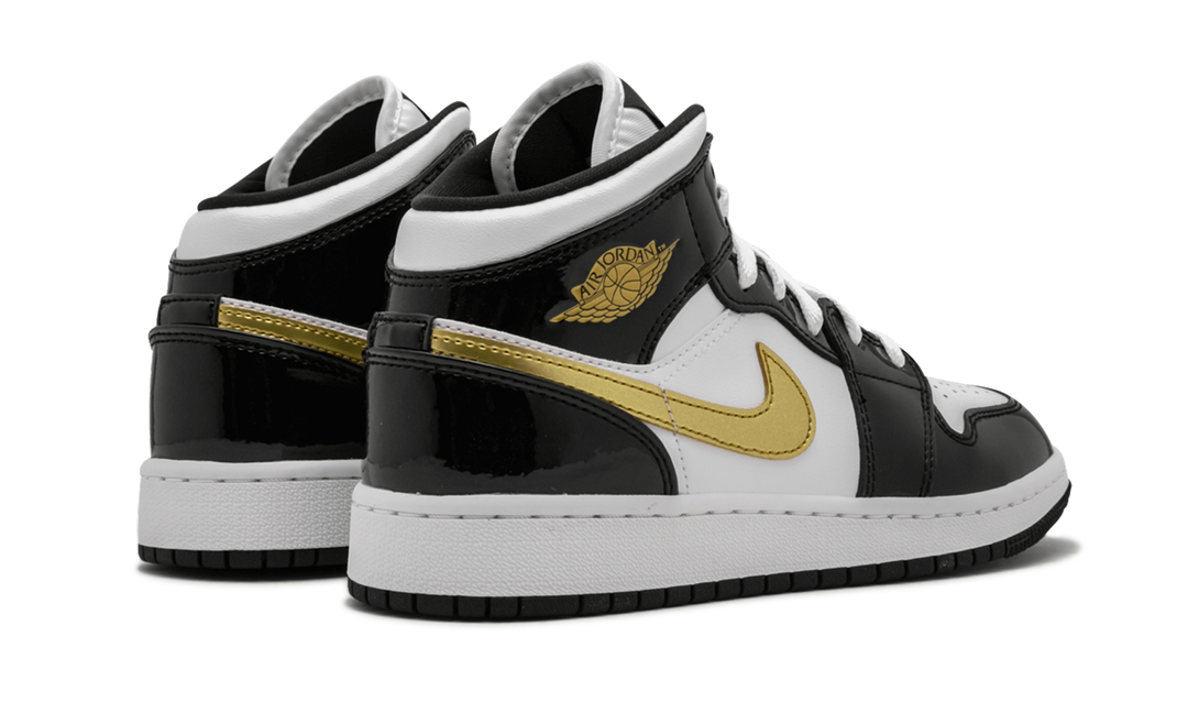 AIR JORDAN 1 MID PATENT BLACK WHITE GOLD GS