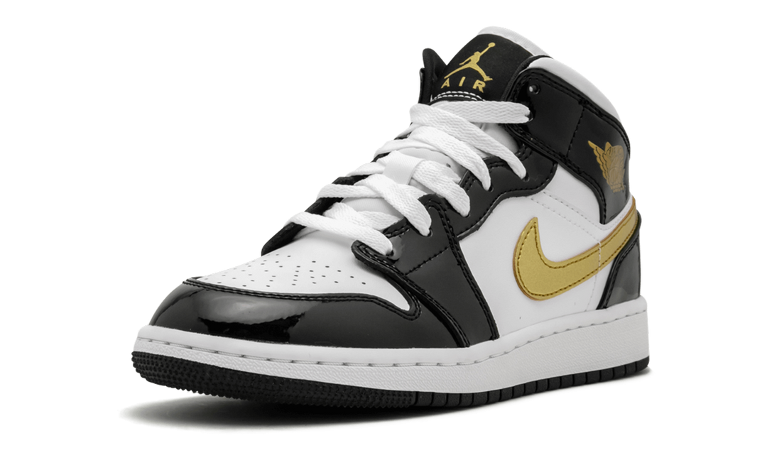 AIR JORDAN 1 MID PATENT BLACK WHITE GOLD GS
