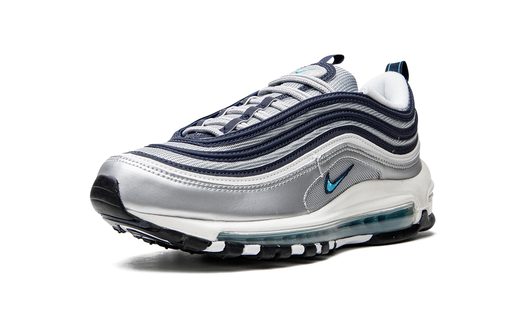 NIKE AIR MAX 97 METALLIC SILVER CHLORINE BLUE WOMENS