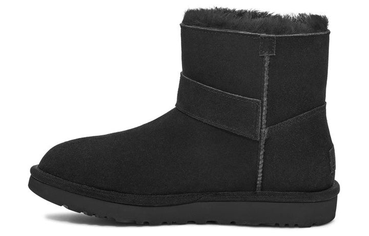 UGG MINI BAILEY GRAPHIC LOGO STRAP BOOT BLACK WOMENS