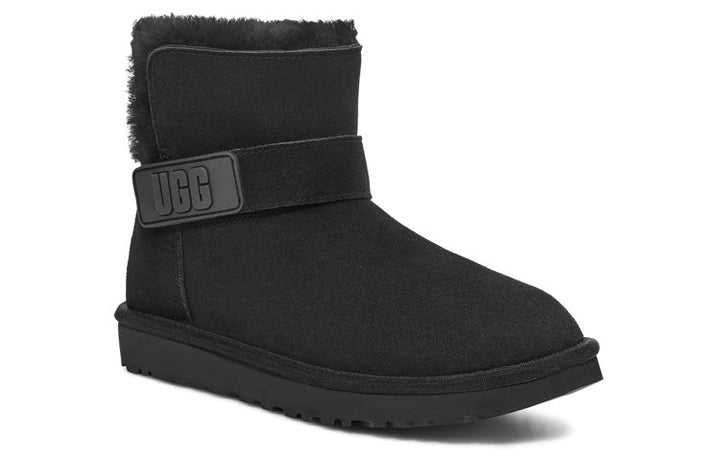 UGG MINI BAILEY GRAPHIC LOGO STRAP BOOT BLACK WOMENS