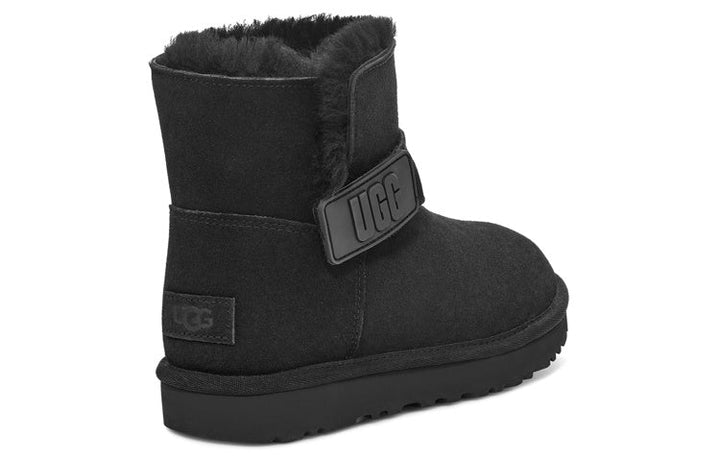 UGG MINI BAILEY GRAPHIC LOGO STRAP BOOT BLACK WOMENS