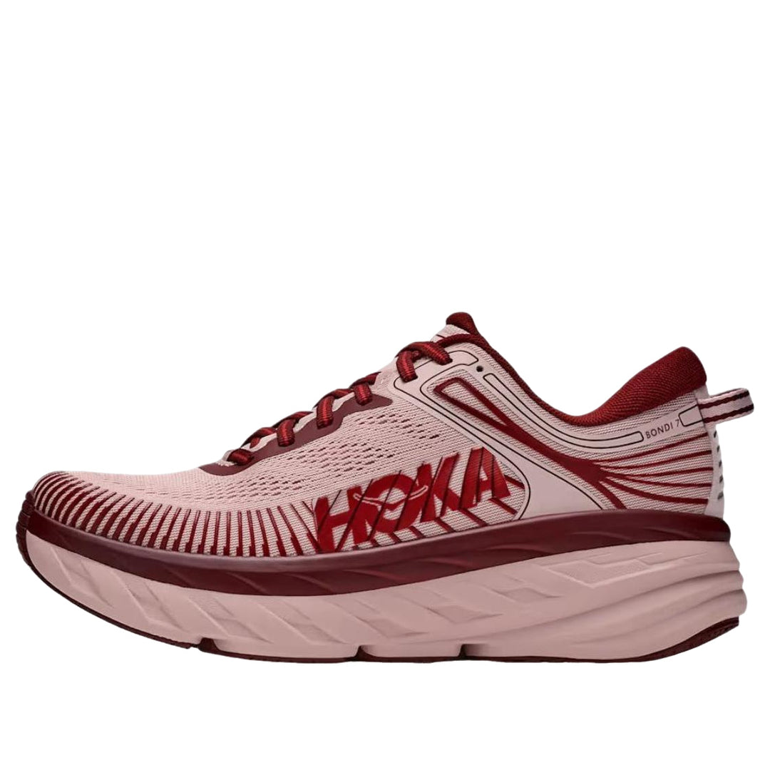 HOKA WOMENS BONDI 7 TRAINER PINK OPAL / VARSITY BURGUNDY