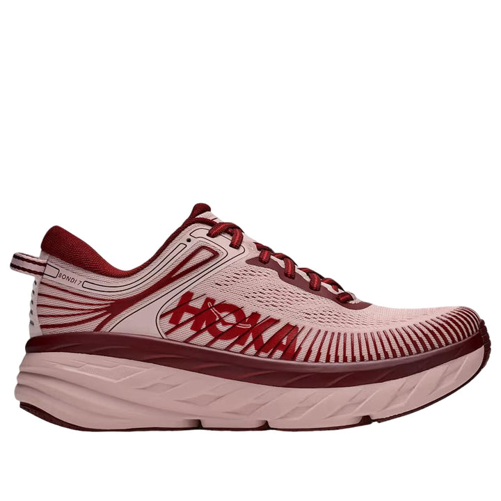HOKA WOMENS BONDI 7 TRAINER PINK OPAL / VARSITY BURGUNDY